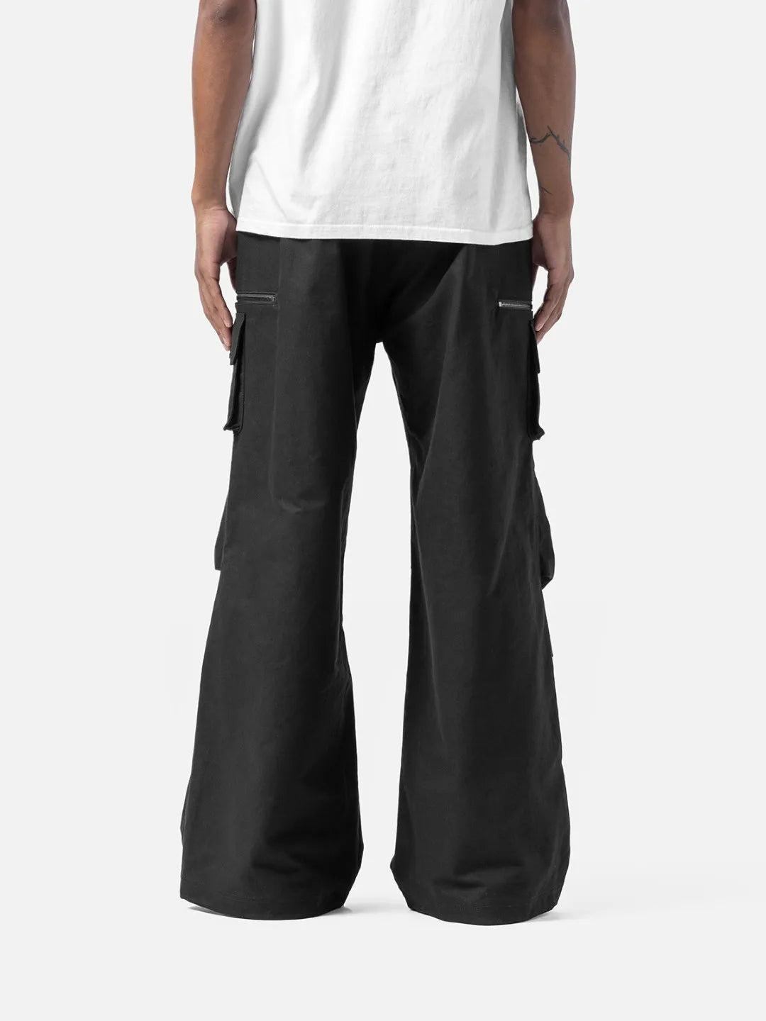 Black cargo pants with adjustable drawstrings and pockets on a white background