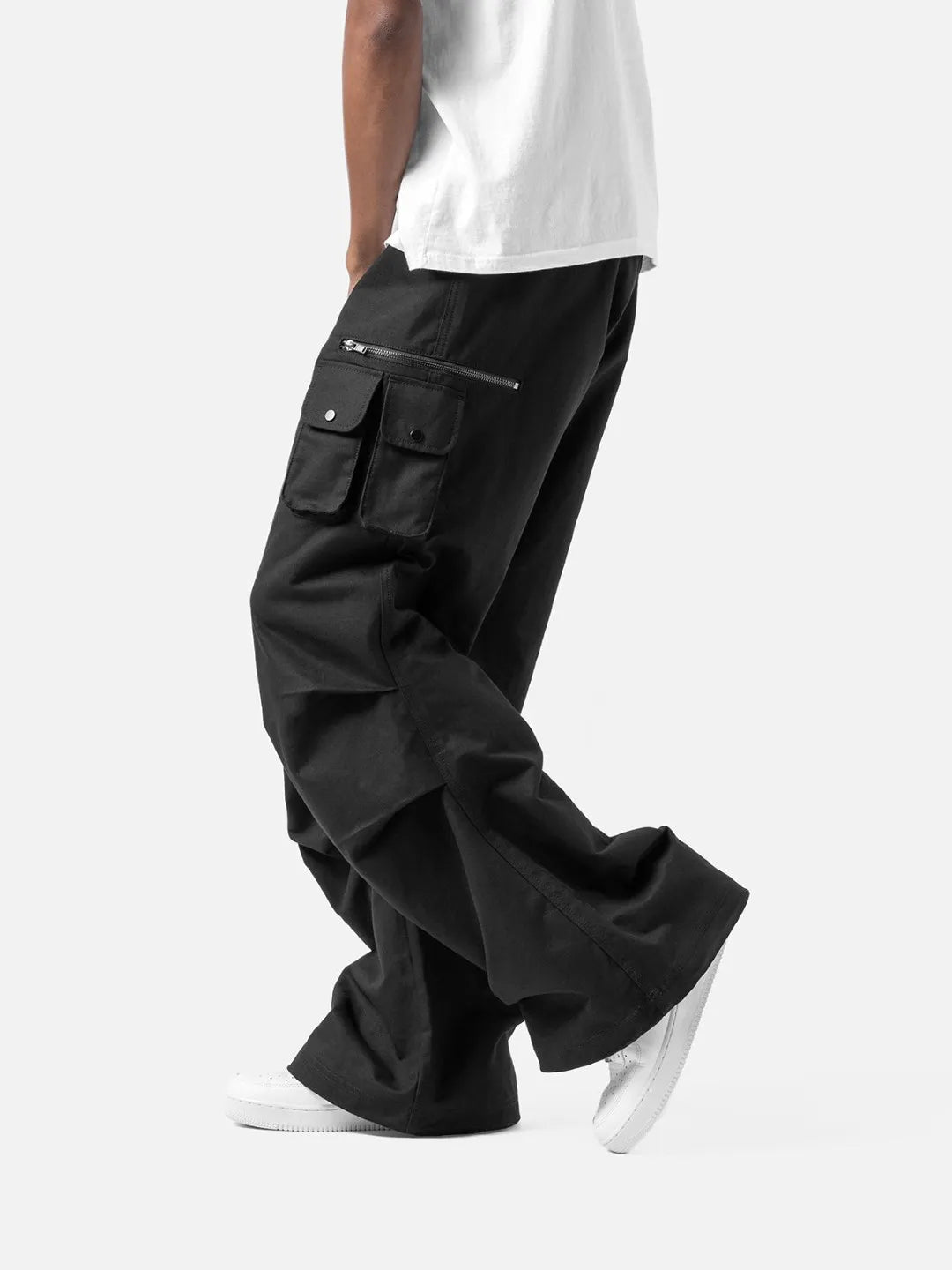 Black cargo pants with adjustable drawstrings and pockets on a white background