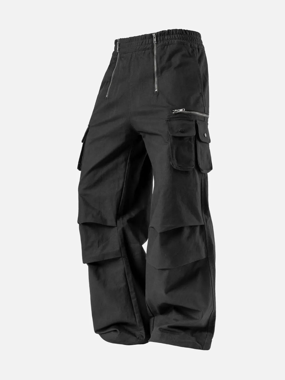 Black cargo pants with adjustable drawstrings and pockets on a white background