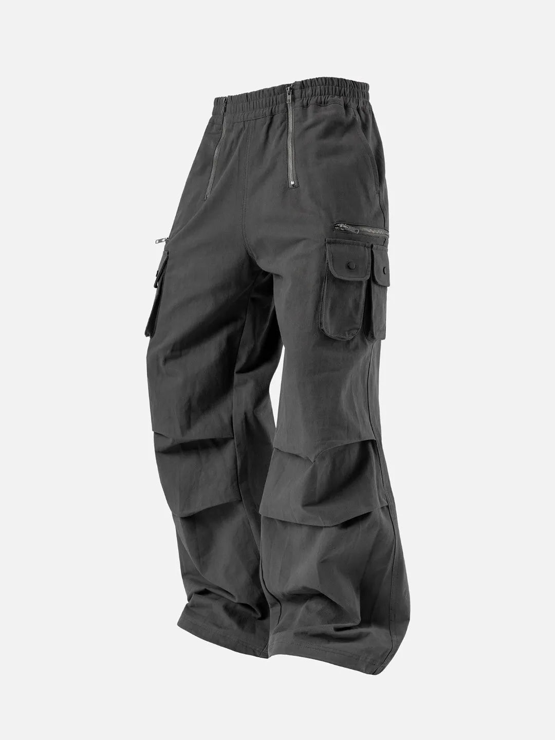 Grey cargo pants with adjustable drawstrings and pockets on a white background