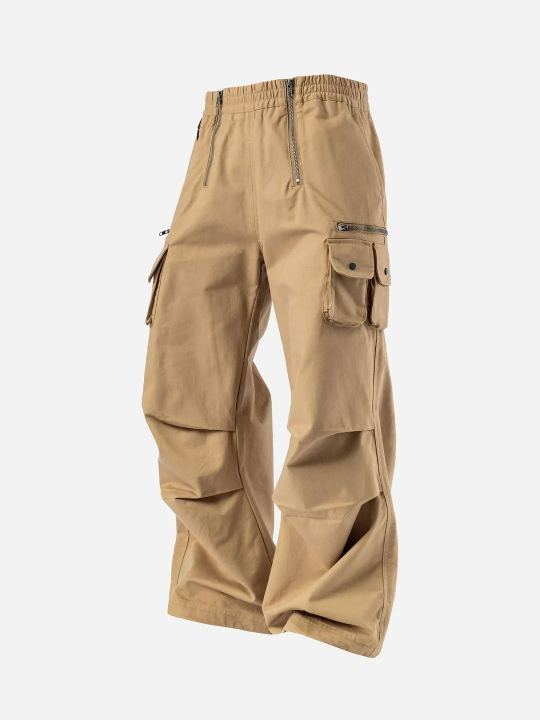 Beige cargo pants with adjustable drawstrings and pockets on a white background