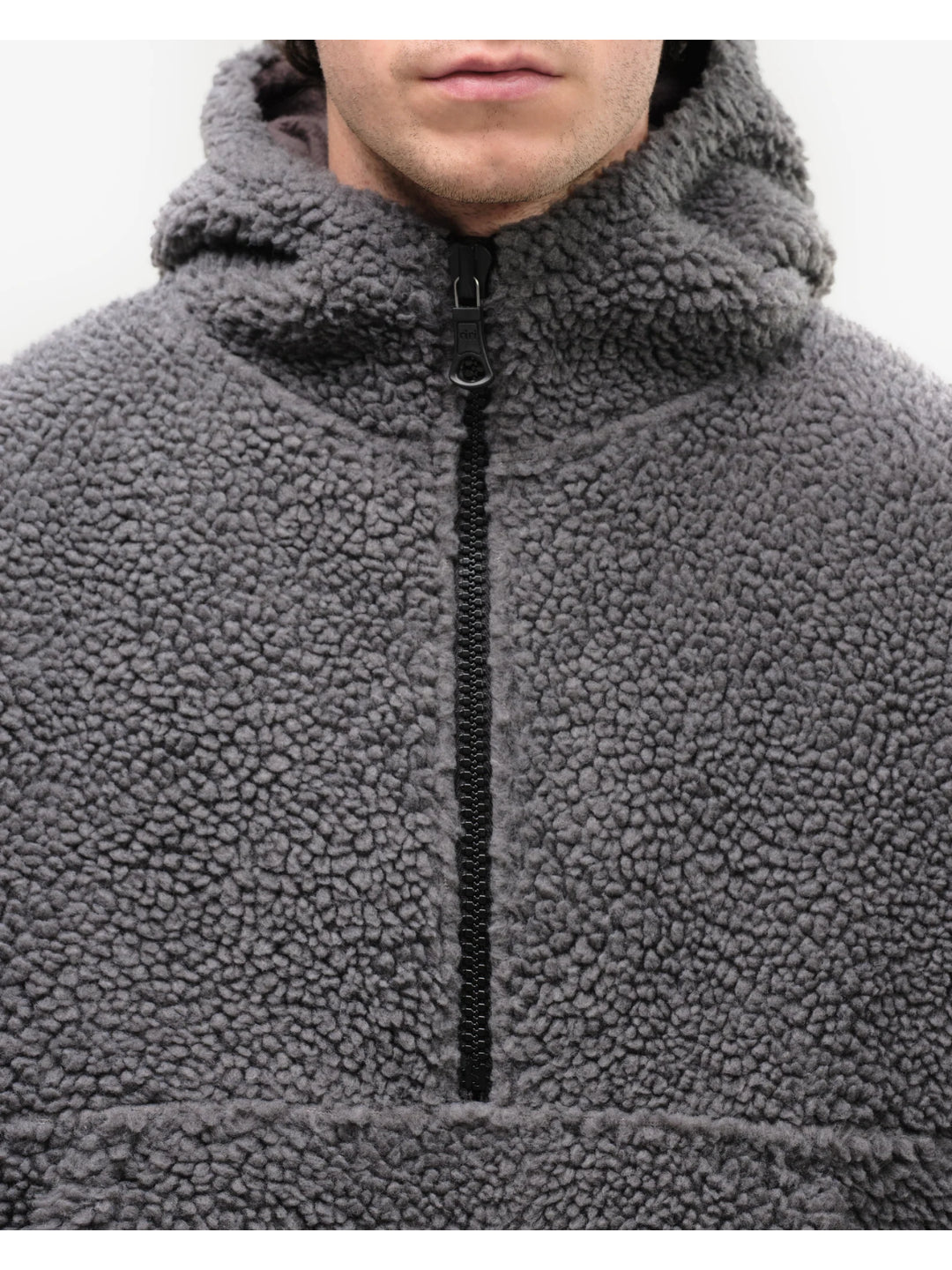 Grey fleece half-zip hoodie with a kangaroo pocket
