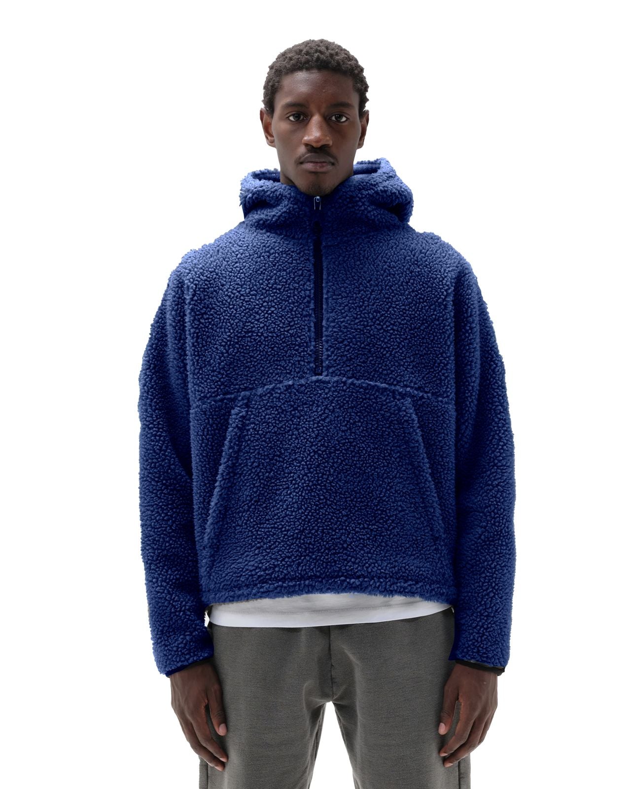 Blue fleece half-zip hoodie with a kangaroo pocket