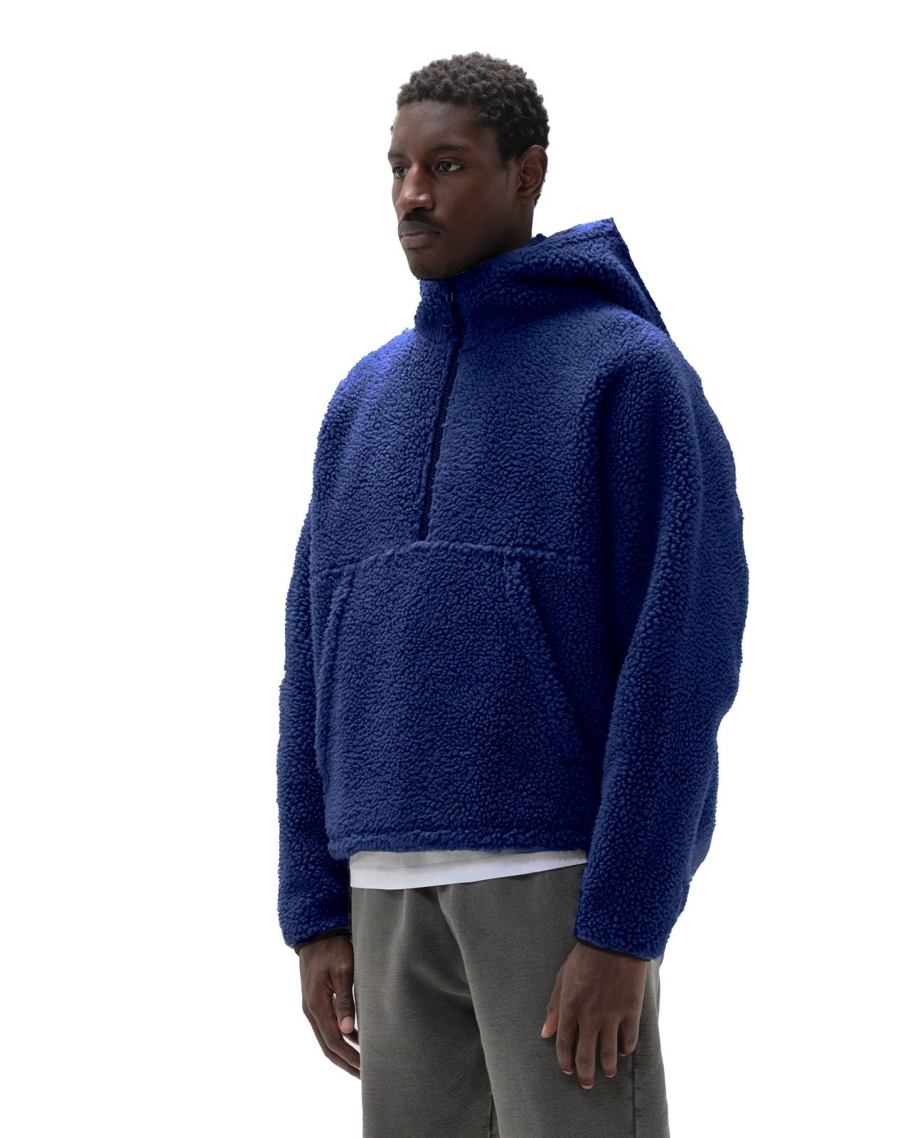 Blue fleece half-zip hoodie with a kangaroo pocket