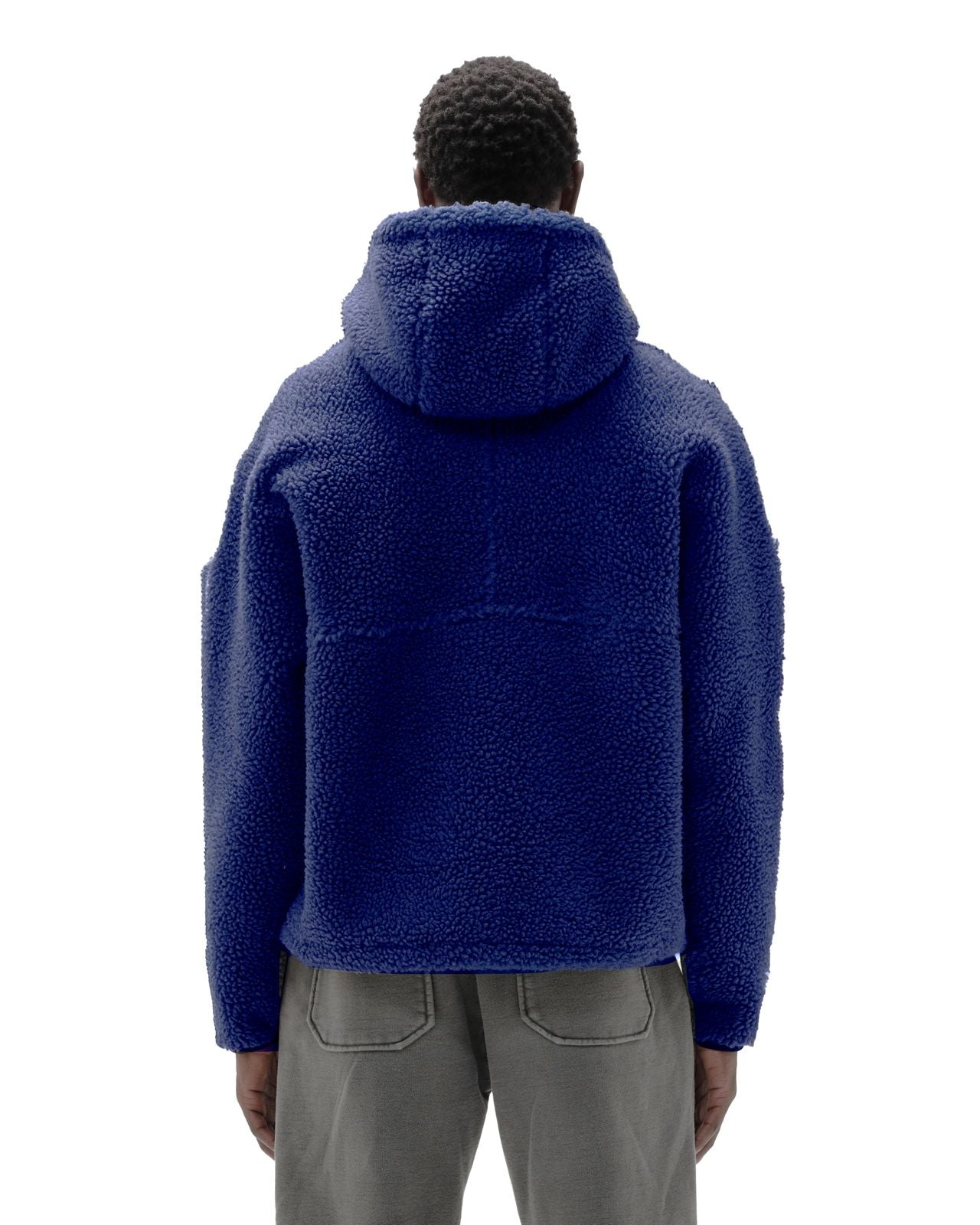 Blue fleece half-zip hoodie with a kangaroo pocket