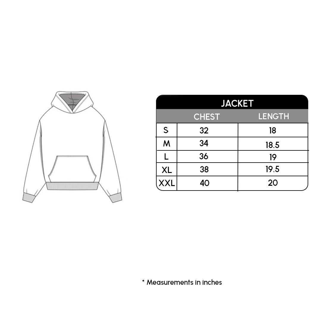 Measurement chart for a jacket with chest and length dimensions on a white background
