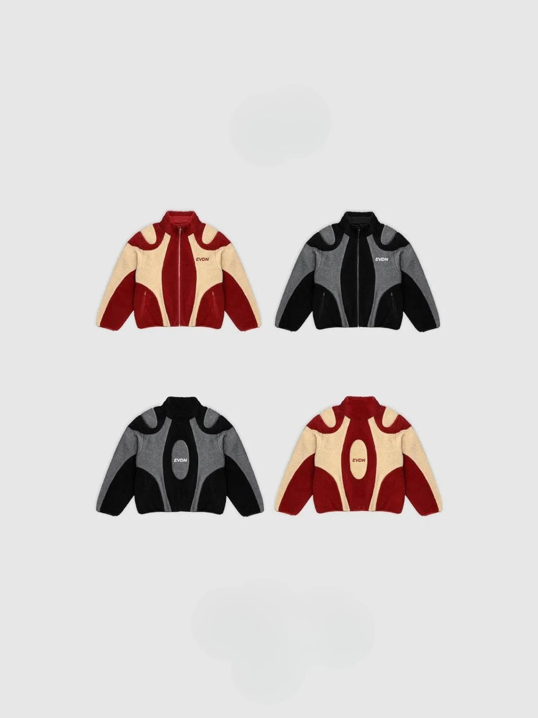 Four different designs of jackets on a light gray background