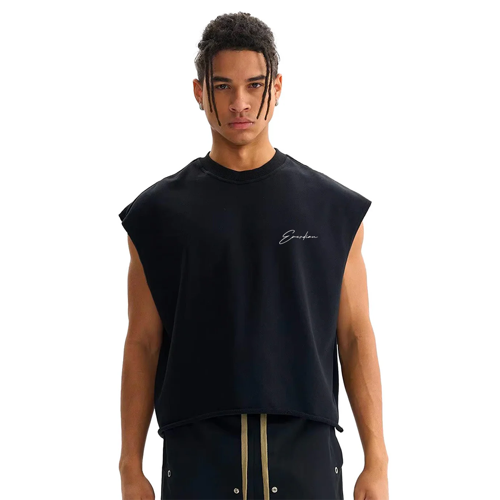 Man wearing a black sleeveless shirt with a brand logo on a white background