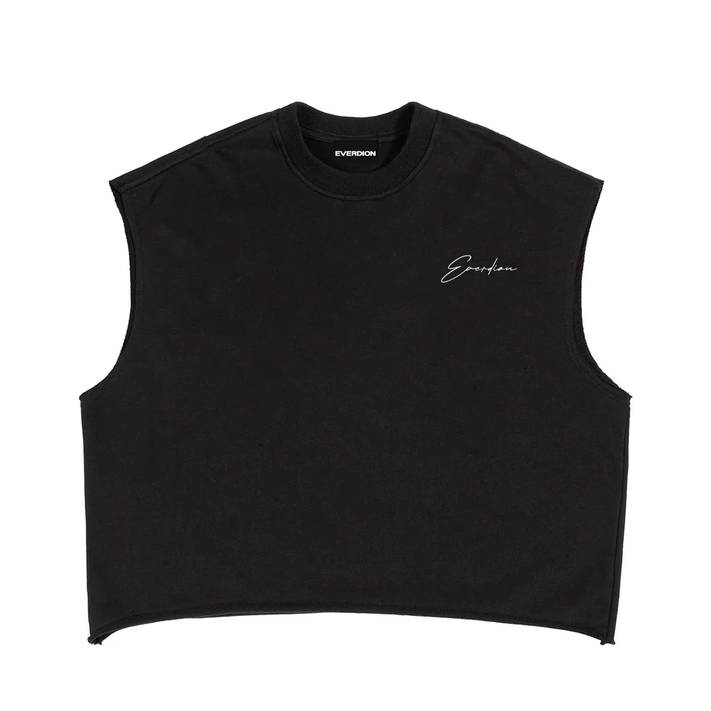 Black sleeveless shirt with 'EVERDION' branding on a white background