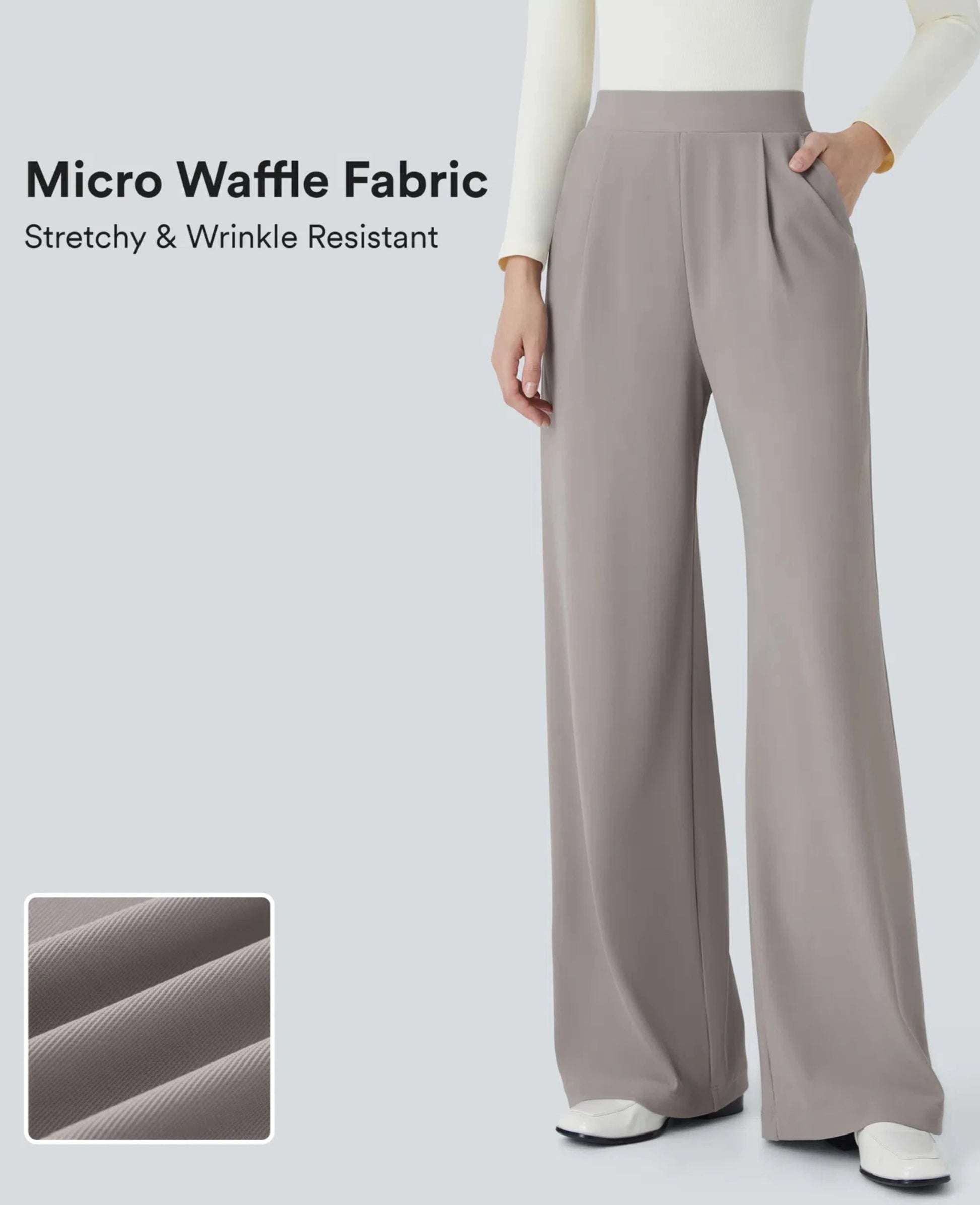 Gray wide-leg pants with text about micro waffle fabric on a white background