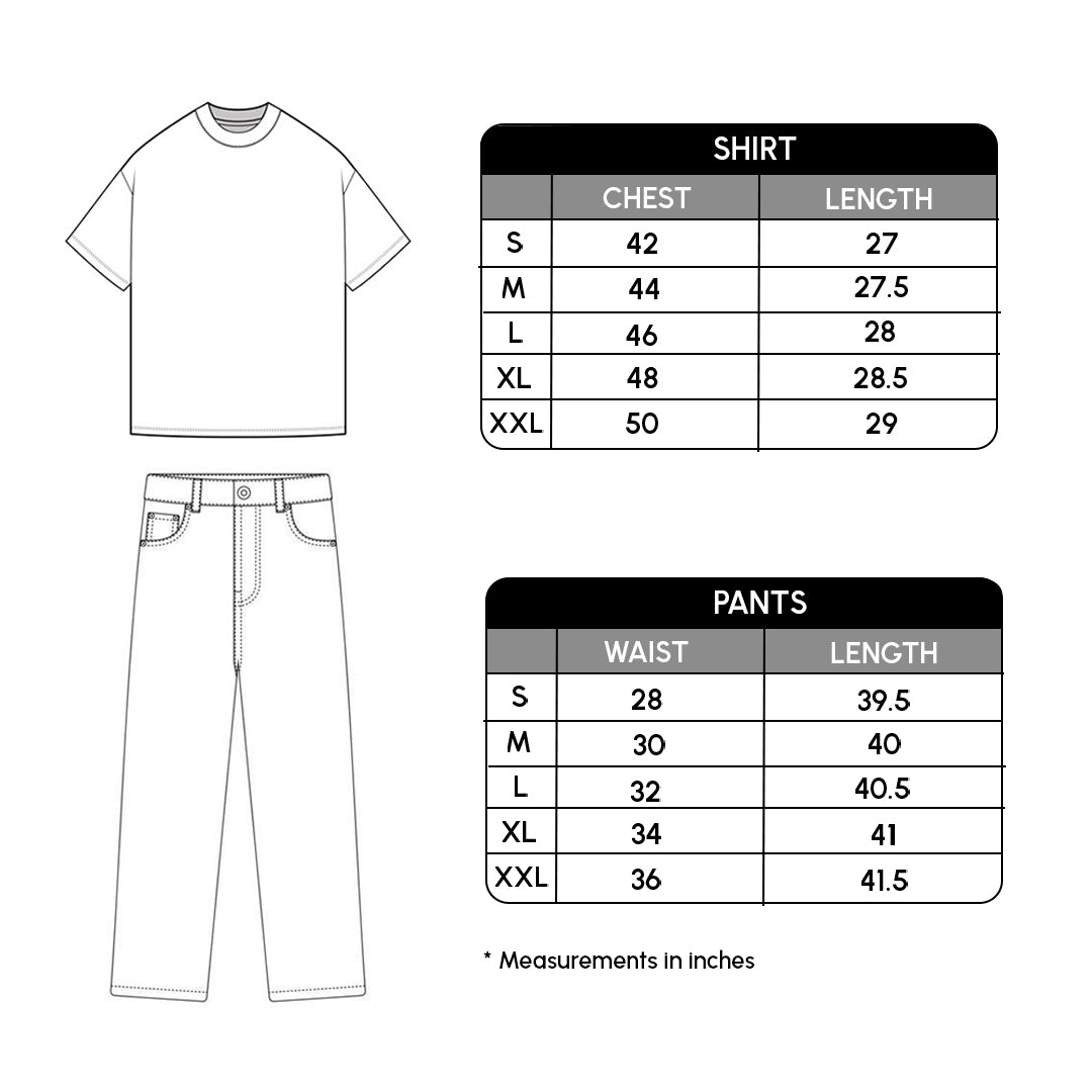 Measurement chart for shirt and pants with size chart on a white background