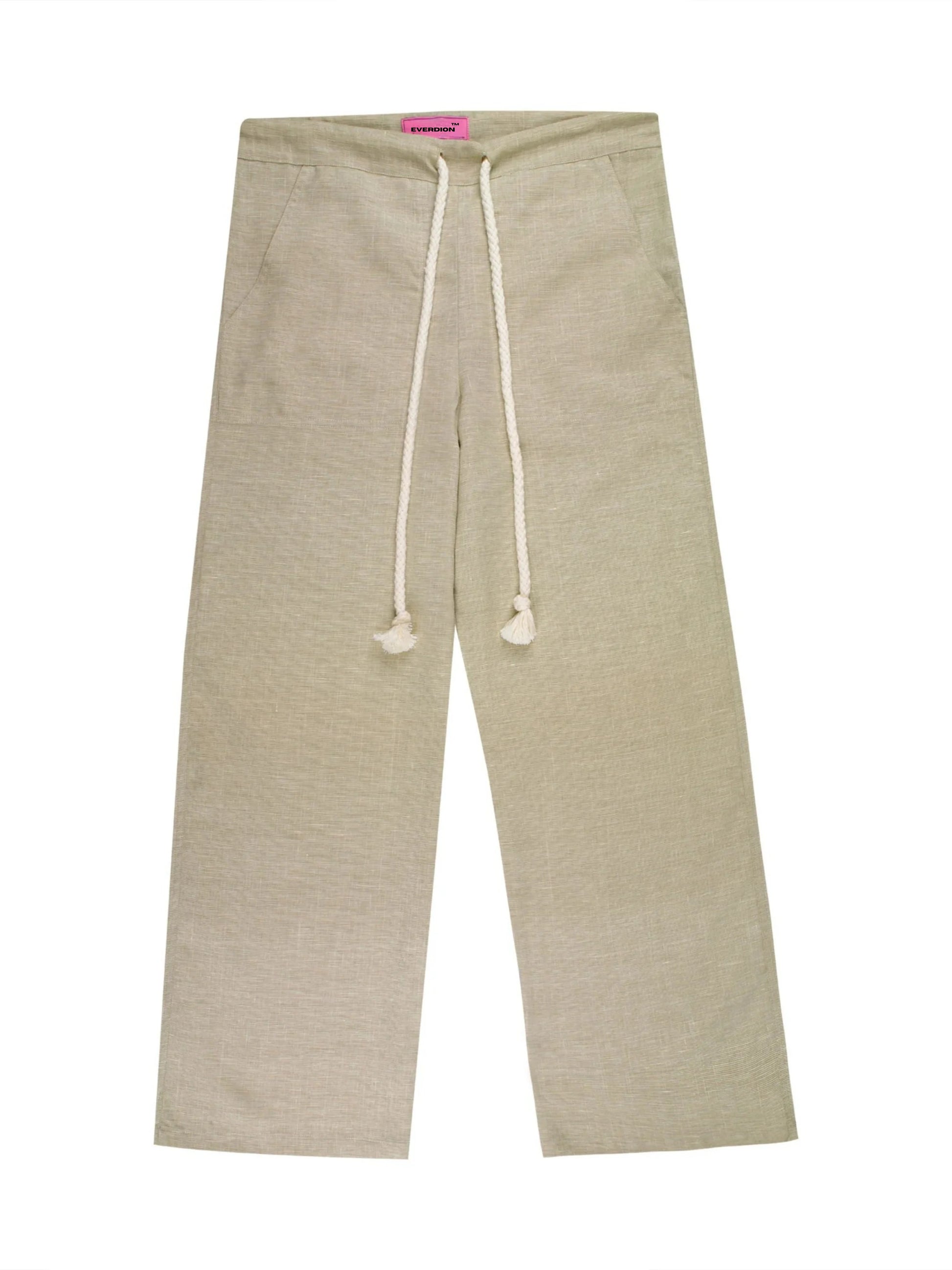 Relaxed fit Sol Linen Pants with a drawstring and pockets available in Dust, Mustard, Black, Indigo, and Pearl colors