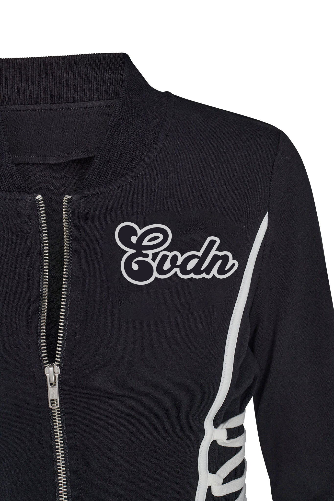 Black jacket with 'Evdn' logo on a white background