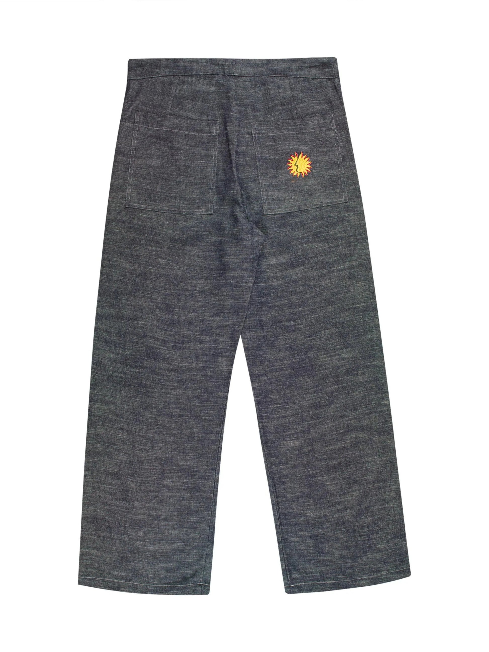 Gray pants with a sunflower logo on a white background