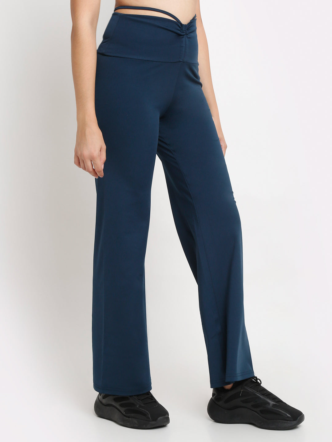 blue high waist tie up flared trousers