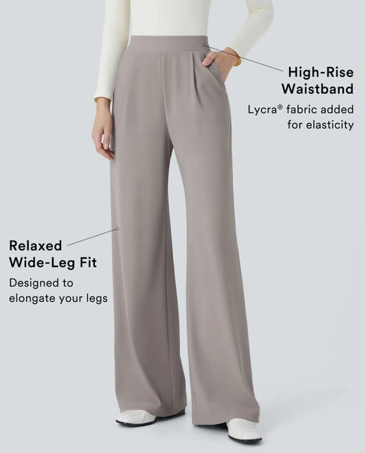 Gray wide-leg pants with text highlighting features on a white background