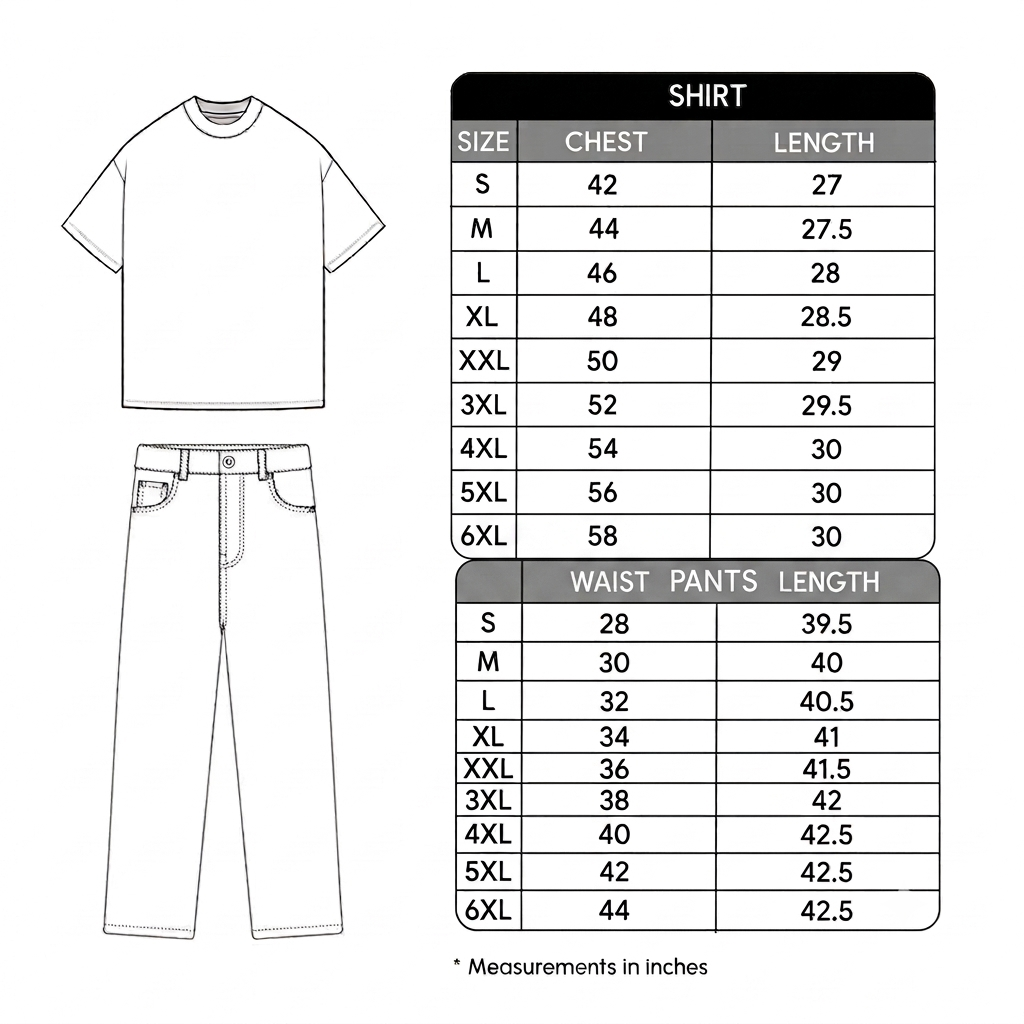 Size chart for Boxy Fit Shirt and Loose Fit Pant 2 Piece Set