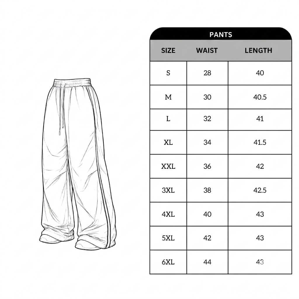 Size chart for Summit Parachute Pant