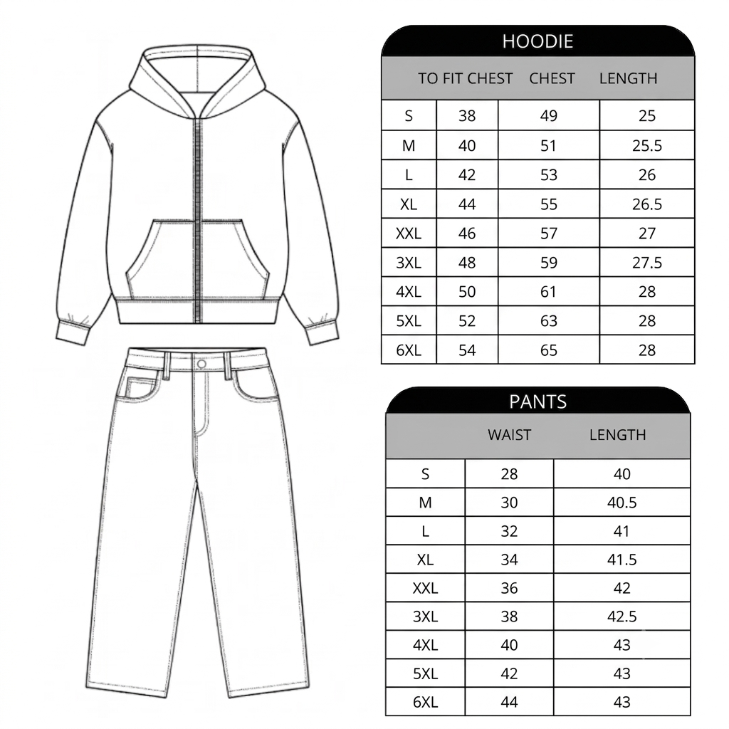 Size chart for Cozy Zip-Up Jacket