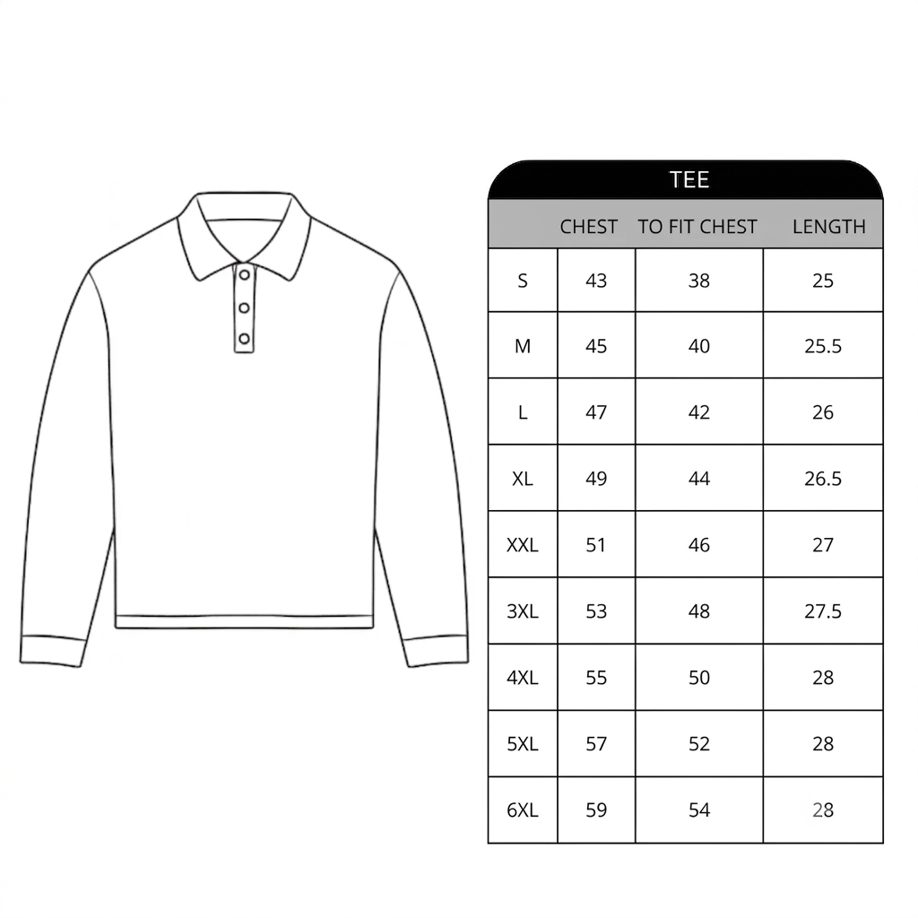Size chart for Rogue Polo Longsleeve Tee