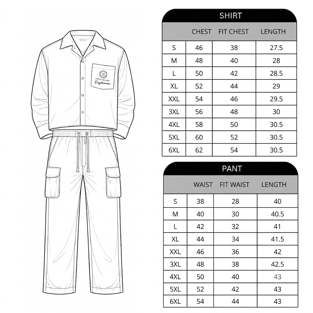 Size chart for Sol Linen Shirt And Pant