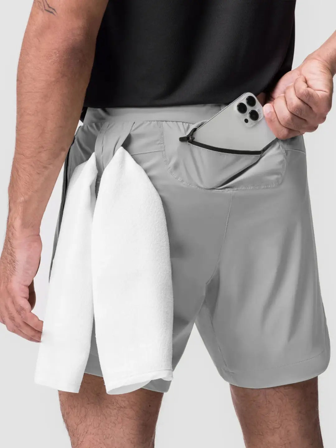 Rush Shorts with towel loop, these Grey training shorts, refined for an even better fit. 