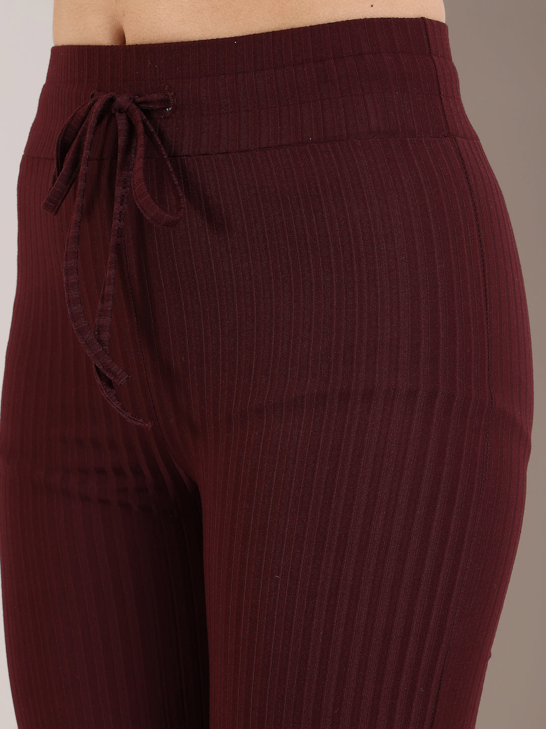 Maroon Rib Drawstring Flare Pants