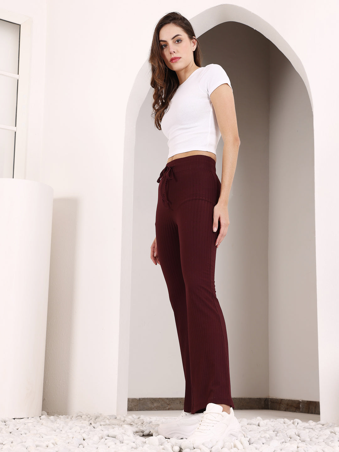 Maroon Rib Drawstring Flare Pants