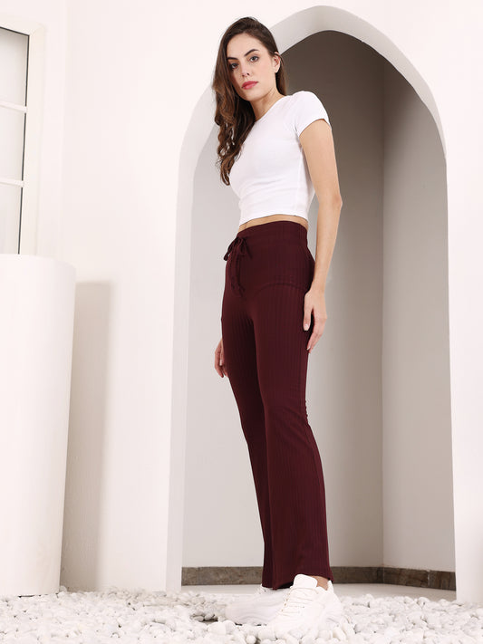 Maroon Rib Drawstring Flare Pants