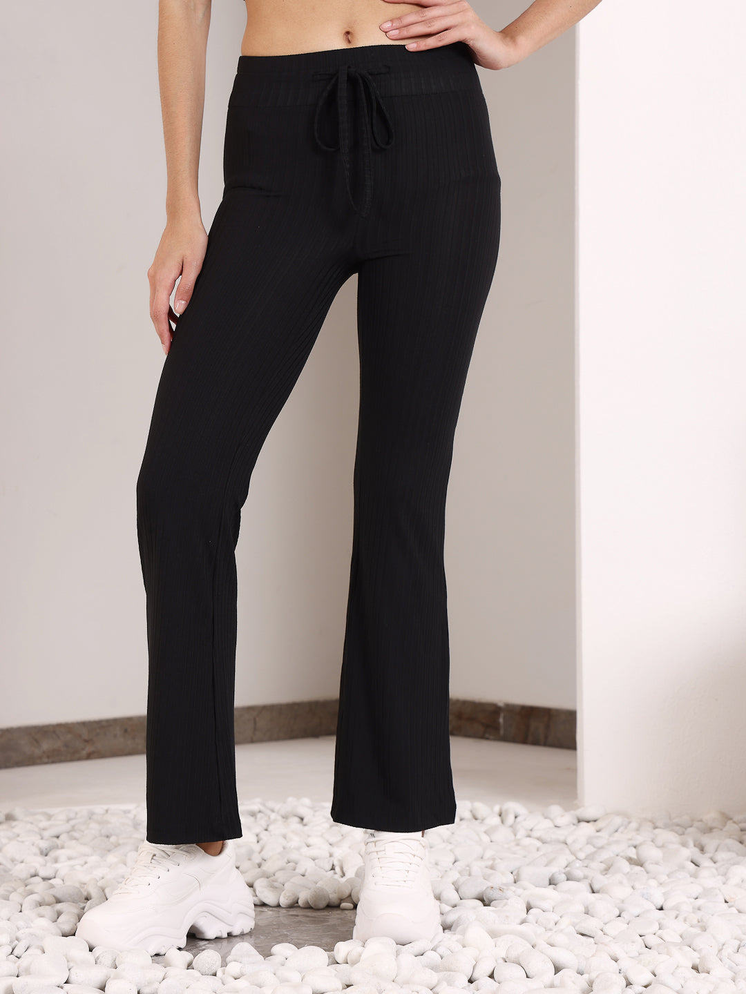 Black Rib Drawstring Flare Pants with relaxed fit