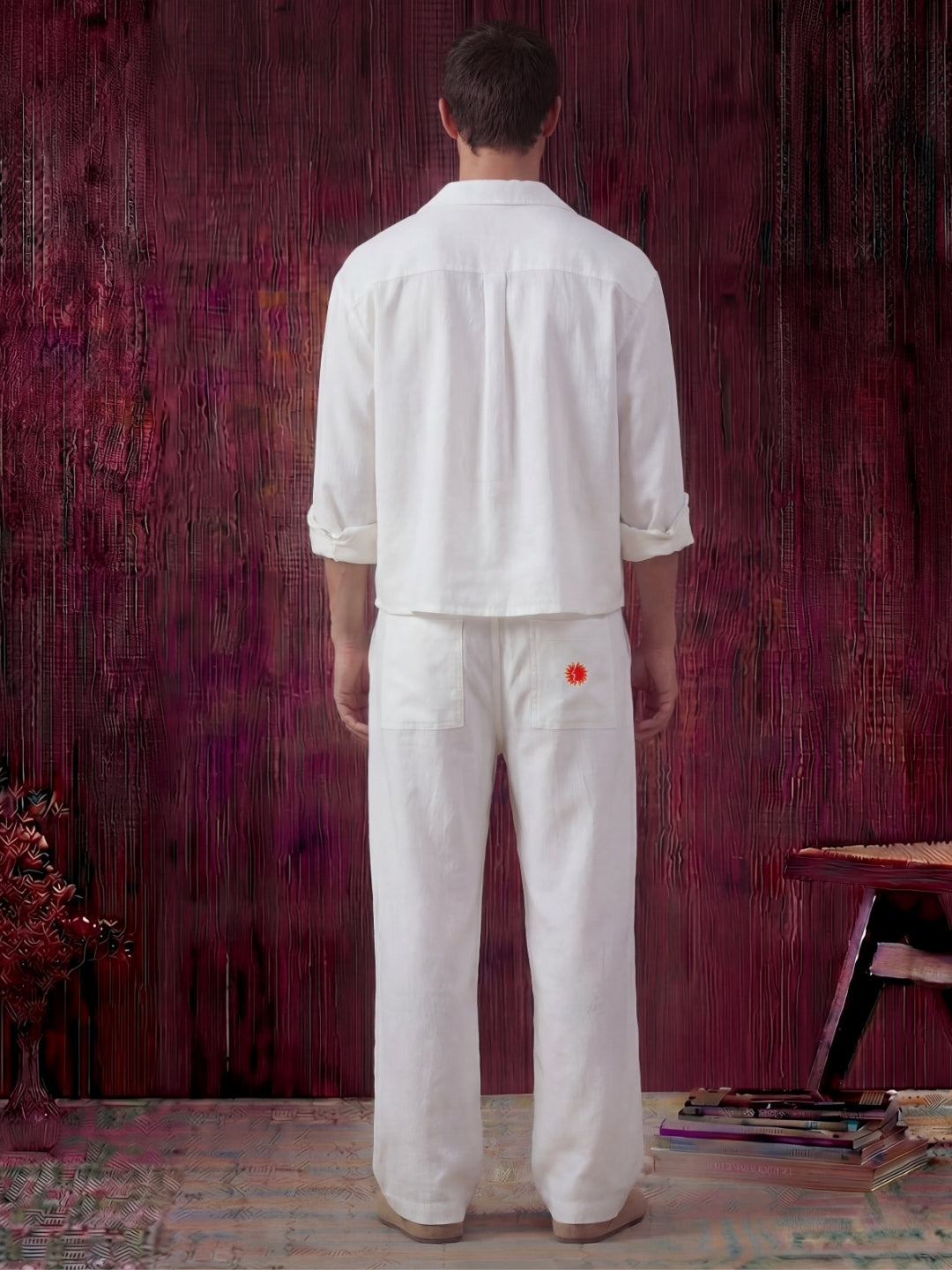 White linen shirt and pant outfit set, crafted from 100% breathable linen for effortless comfort. Pant with pockets and adjustable drawstring.