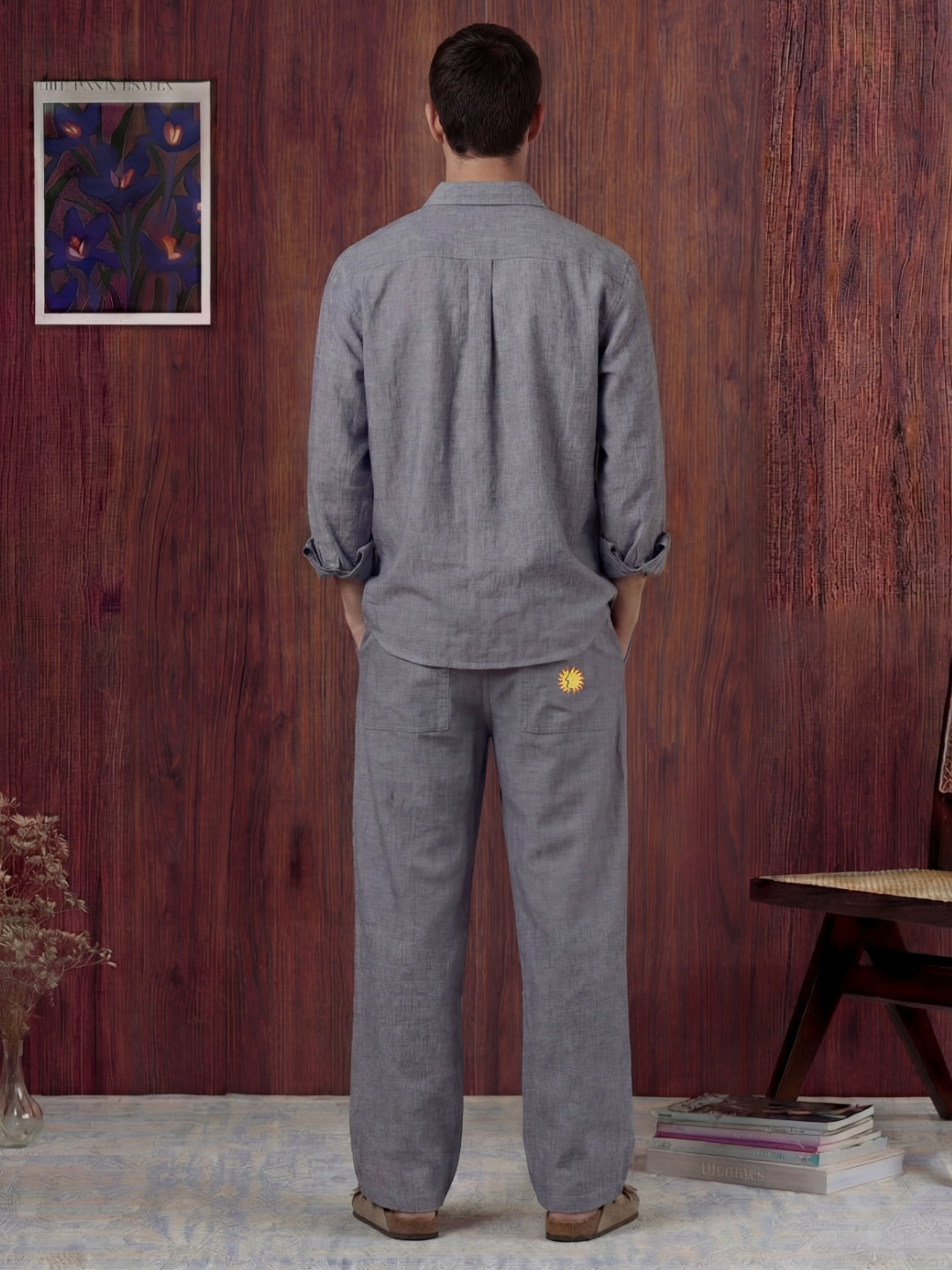 Charcoal linen shirt and pant outfit set, crafted from 100% breathable linen for effortless comfort. Pant with pockets and adjustable drawstring.