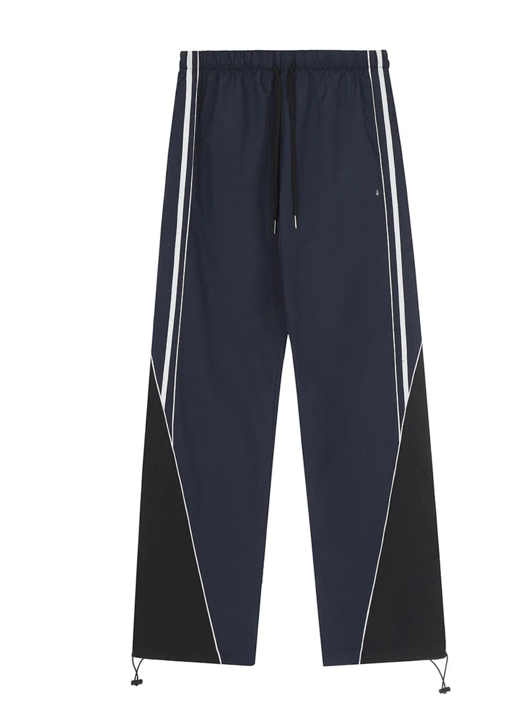 Blue striped parachute pants with white contrast piping, an elasticated waistband with adjustable drawstrings