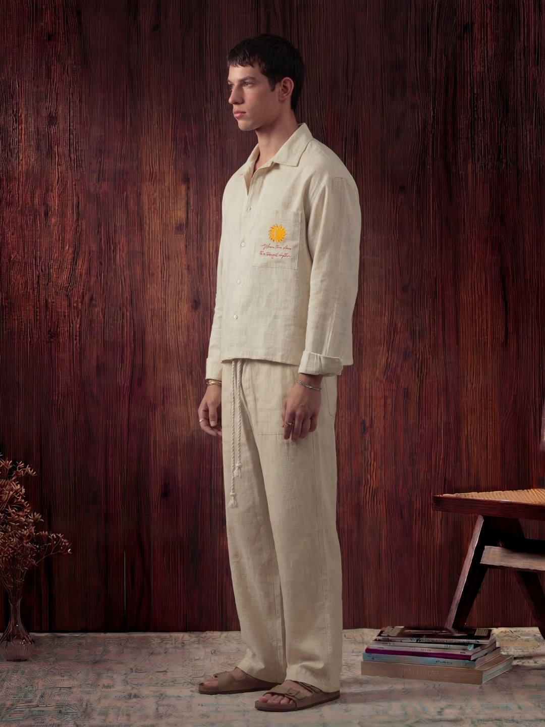Beige linen shirt and pant outfit set, crafted from 100% breathable linen for effortless comfort. Pant with pockets and adjustable drawstring.