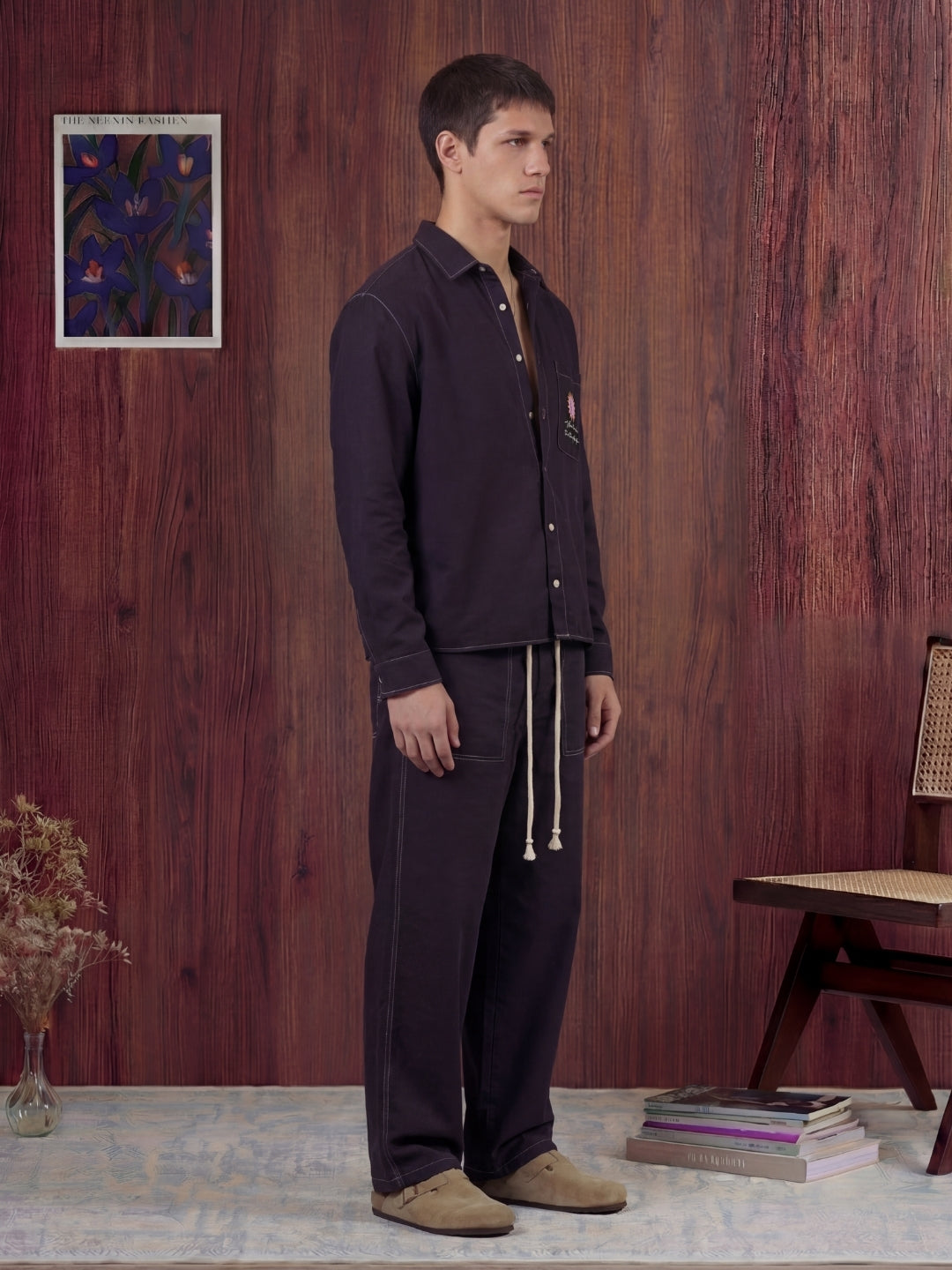 Black linen shirt and pant outfit set, crafted from 100% breathable linen for effortless comfort. Pant with pockets and adjustable drawstring.