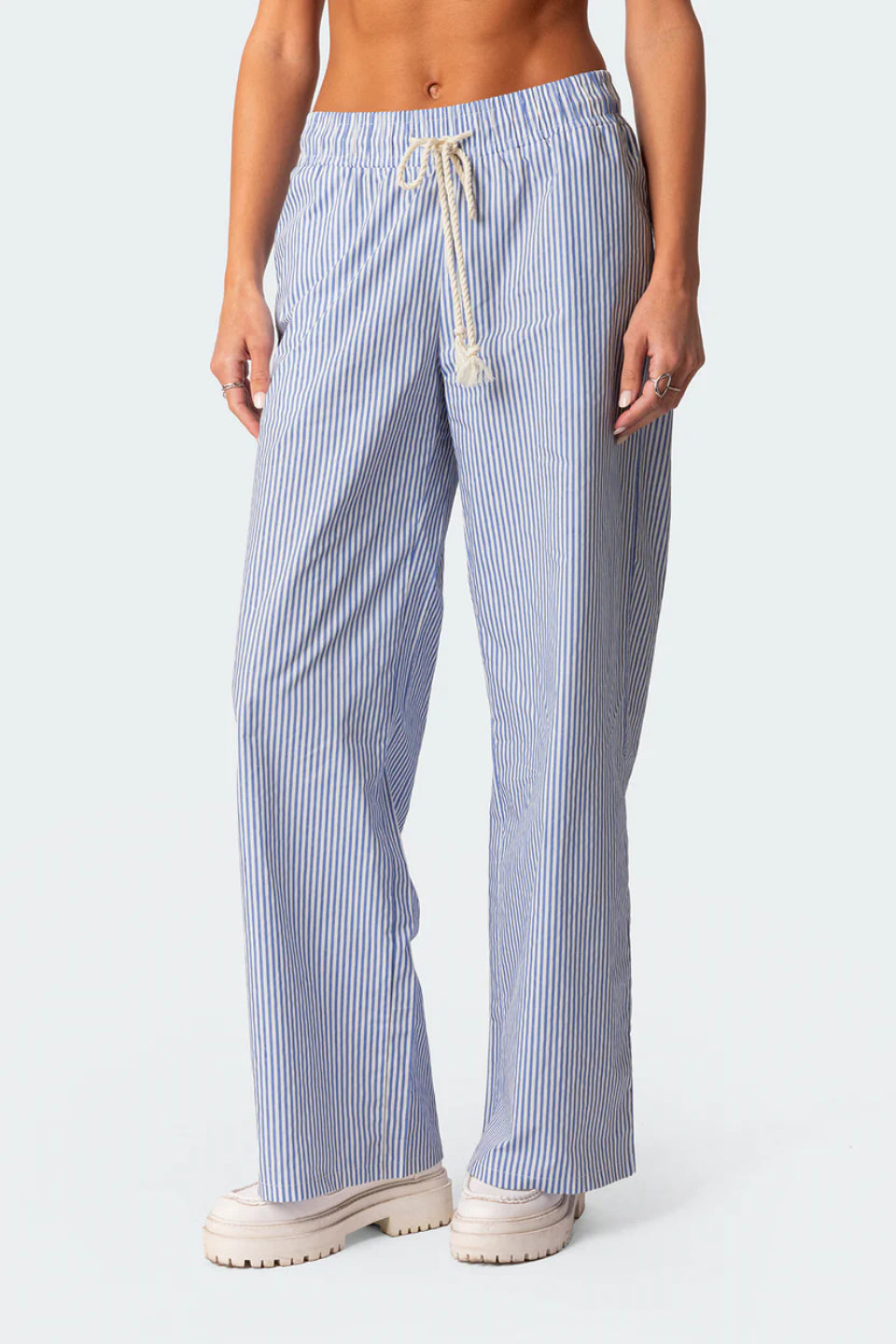 oversized pinstripe button-up shirt and matching pants with elastic tie waist