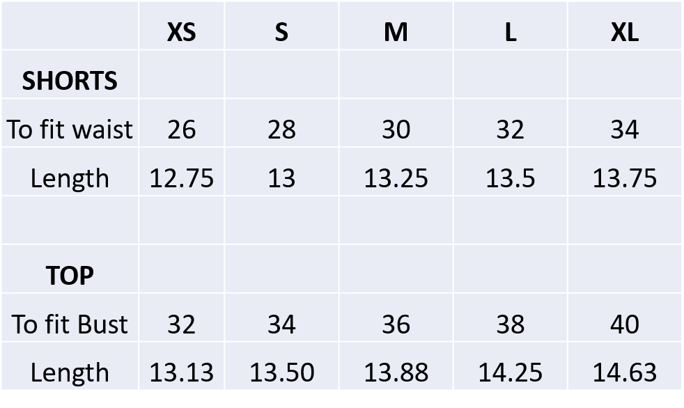 Size chart for Rib Cami Top & Shorts