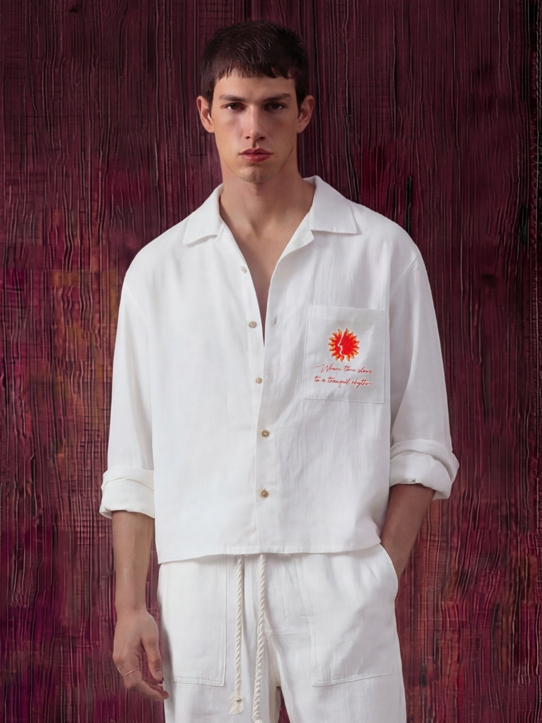 White linen shirt and pant outfit set, crafted from 100% breathable linen for effortless comfort. Pant with pockets and adjustable drawstring.
