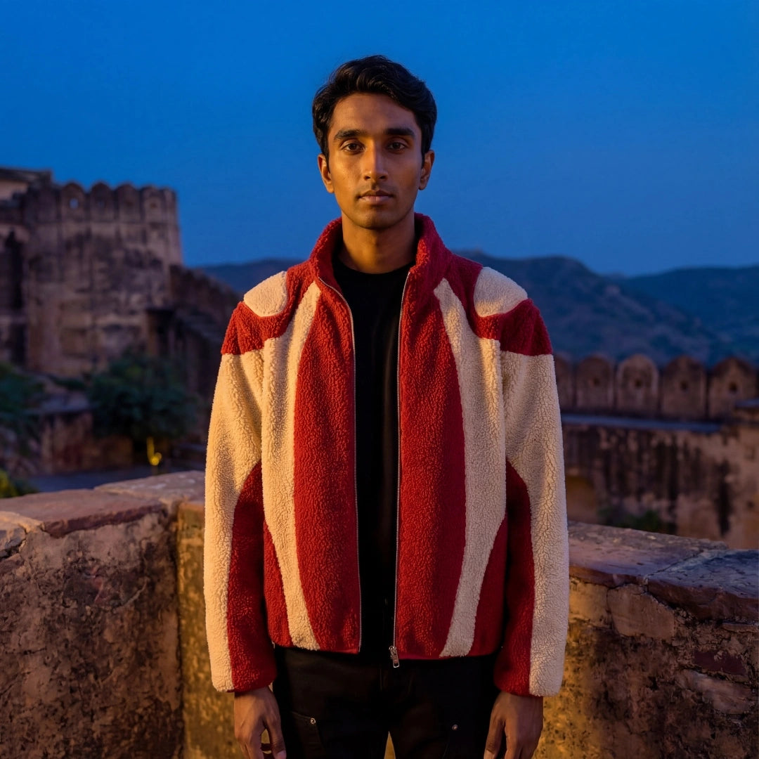 Person wearing a red and white jacket standing in front of an ancient fort at dusk.