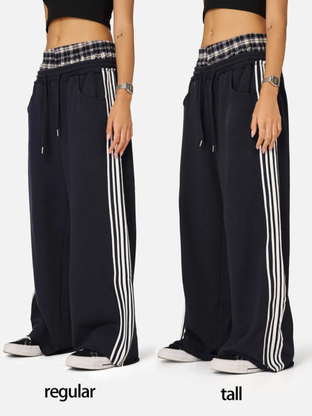 Black wide-leg pants with white stripes on a white background, shown in regular and tall lengths.
