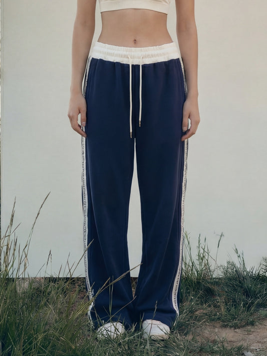 Navy Sweat Pants with adjustable drawstrings and white strips 