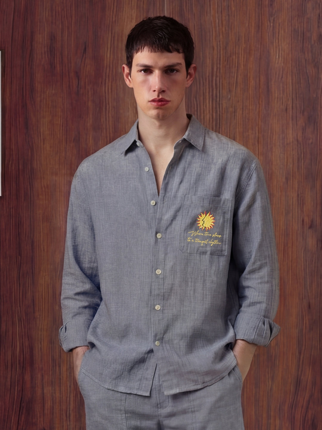 Charcoal linen shirt and pant outfit set, crafted from 100% breathable linen for effortless comfort. Pant with pockets and adjustable drawstring.