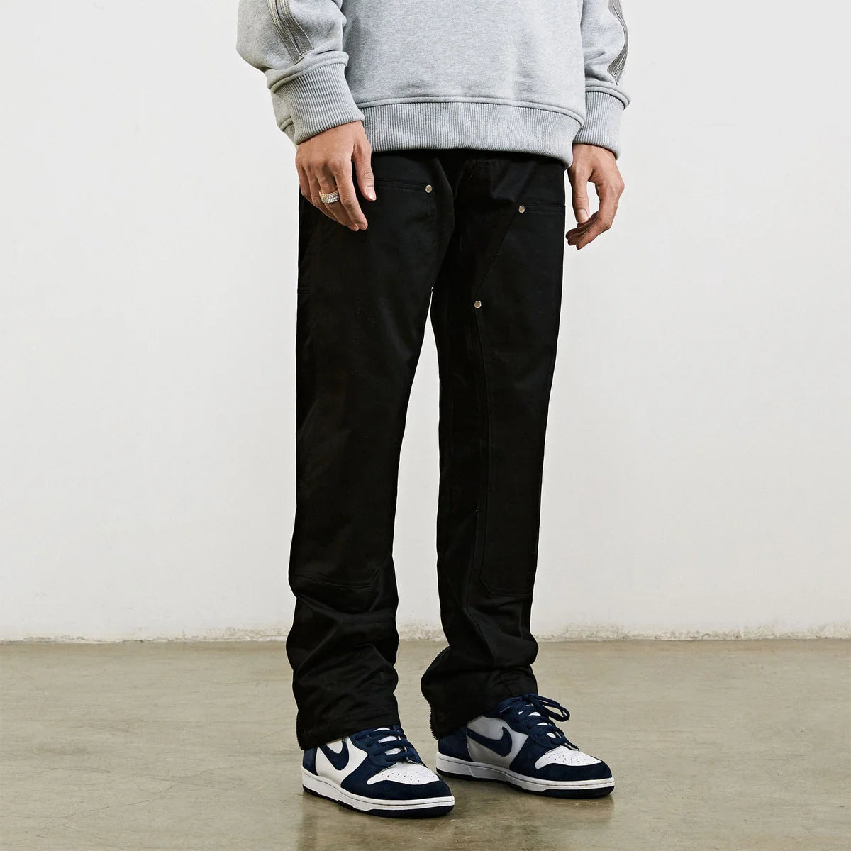 black cotton rivet cargo pants for men relaxed fit look

