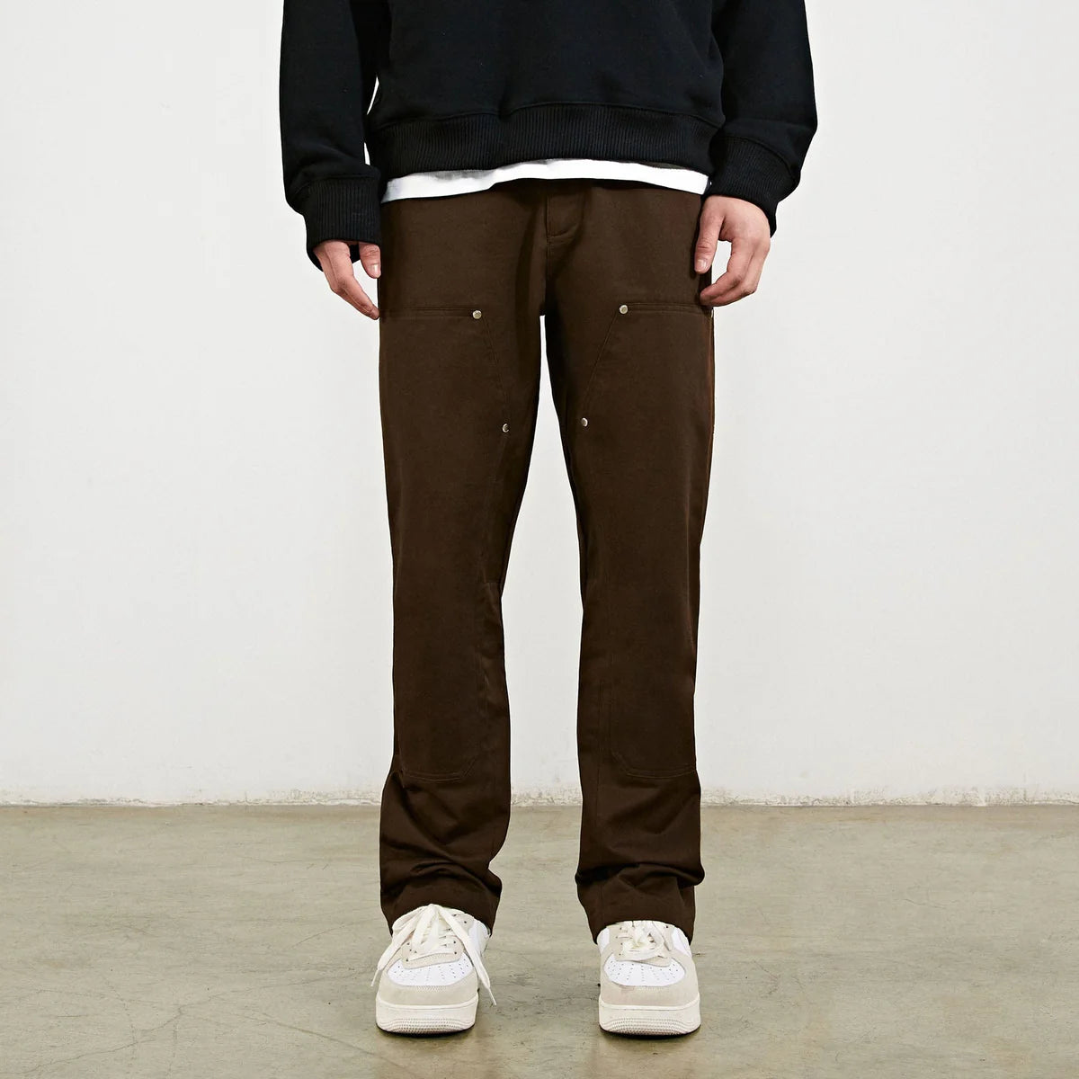 brown cotton rivet cargo pants for men relaxed fit front look