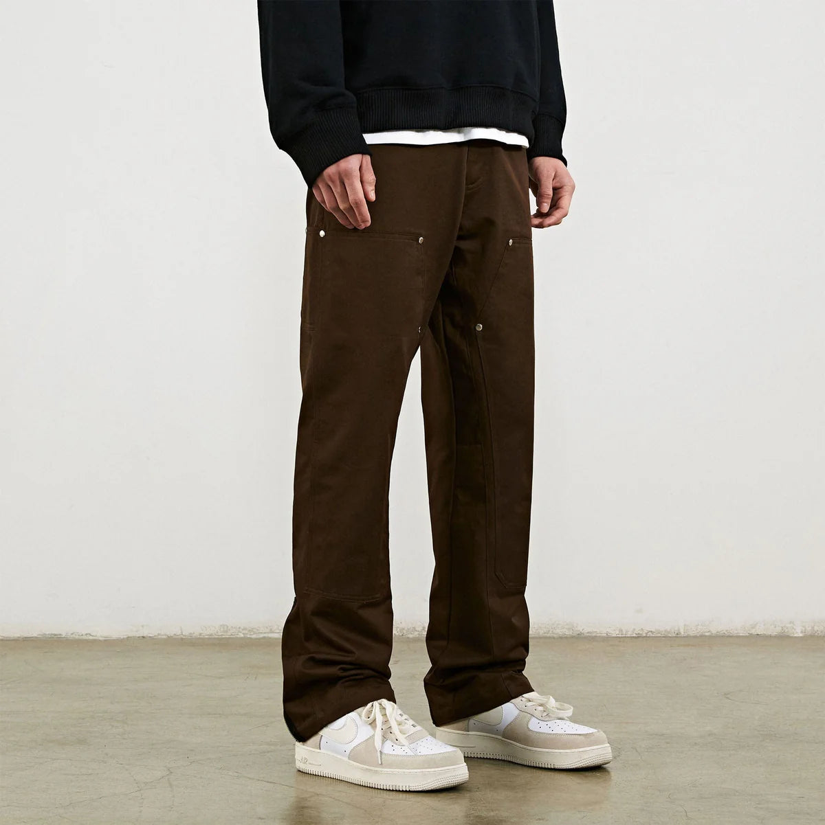 brown cotton rivet cargo pants for men relaxed fit side look
