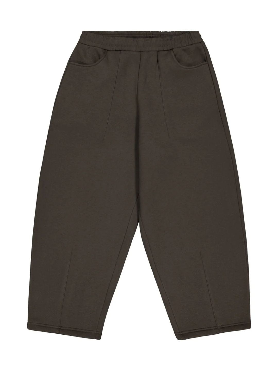 Person wearing brown sweatpants with a pocket detail 