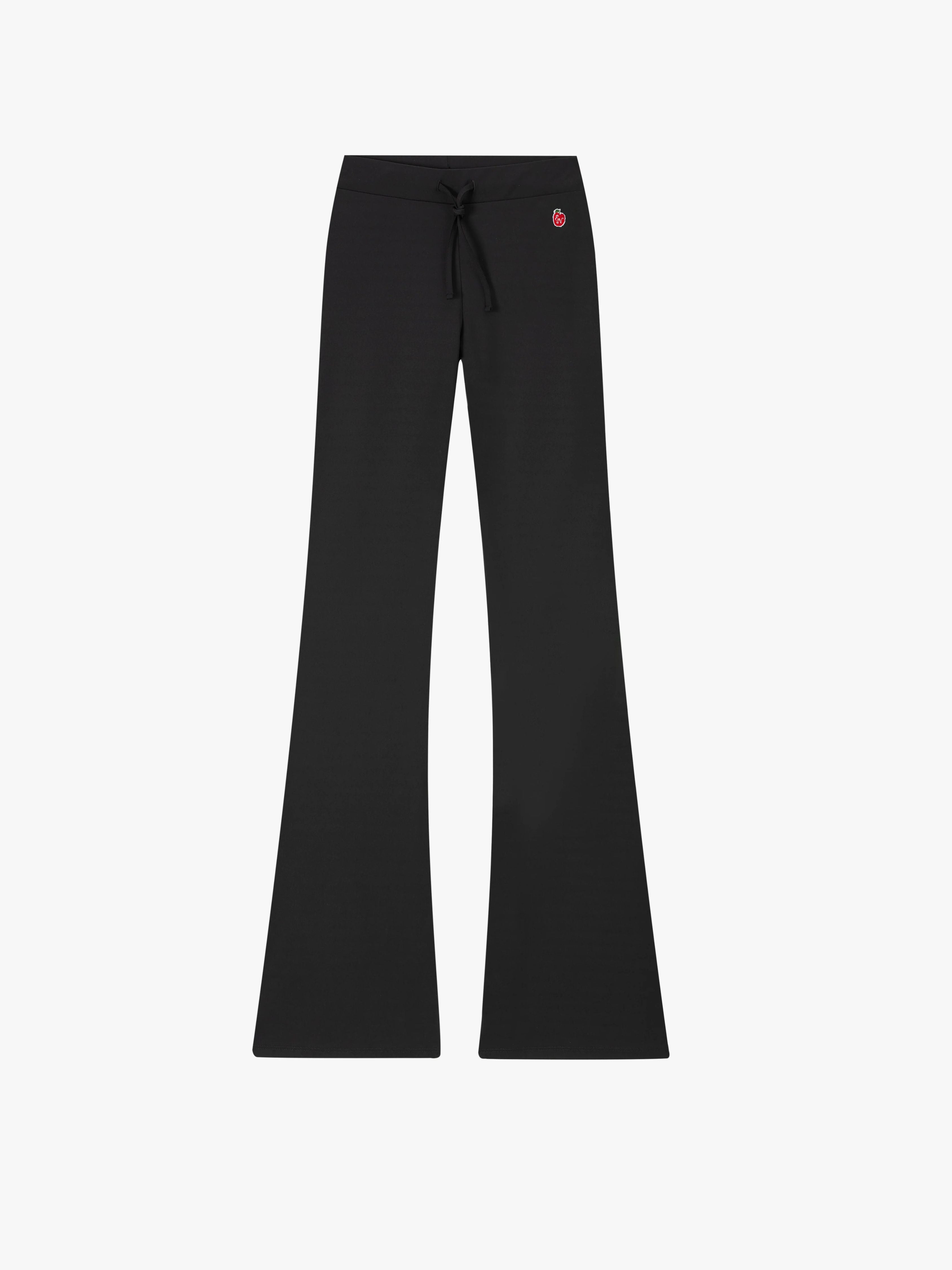 Black pants with a red tag on a white background