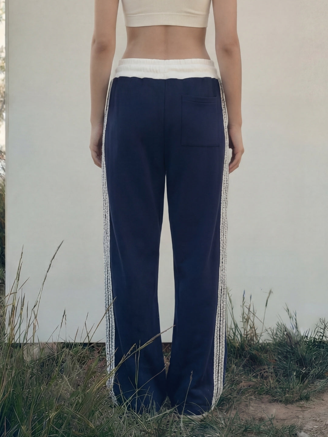 Navy Sweat Pants with adjustable drawstrings and white strips 