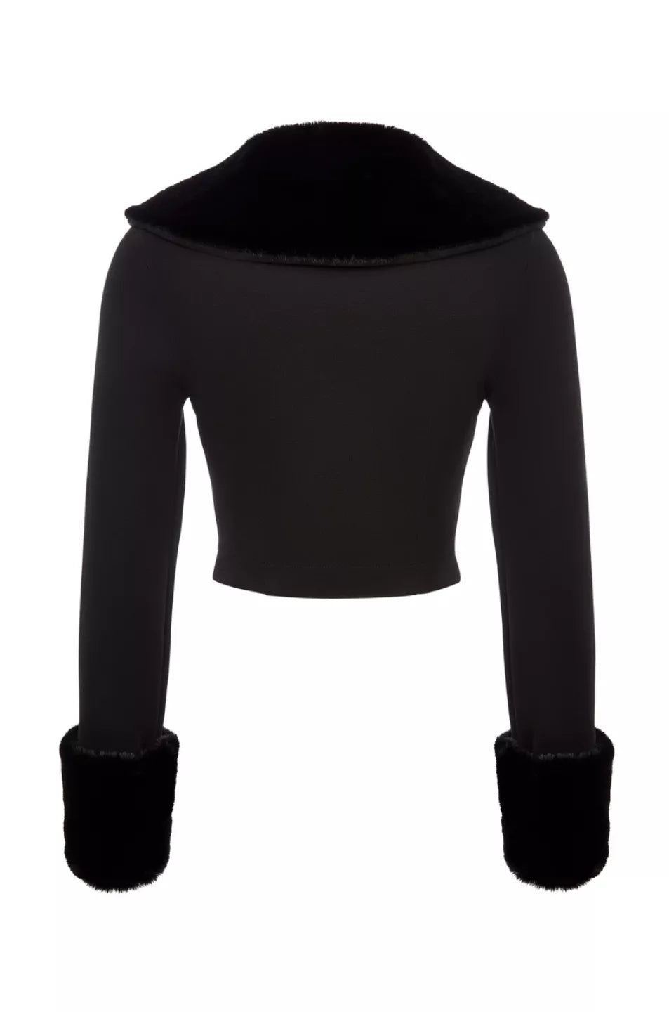 Black cropped jacket with fur-trimmed cuffs on a white background