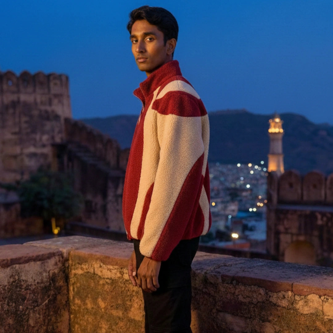 Person wearing a red and white sweater standing on a stone wall with a cityscape and fort in the background at dusk.